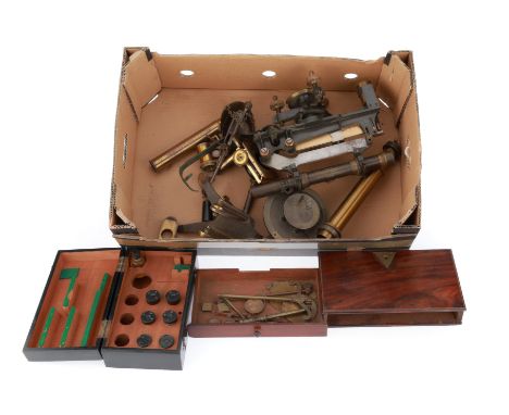 including parts of a microscope, case of eyepieces, a spectroscope and a Depression Range Finder by J. Hicks, missing eyepiec