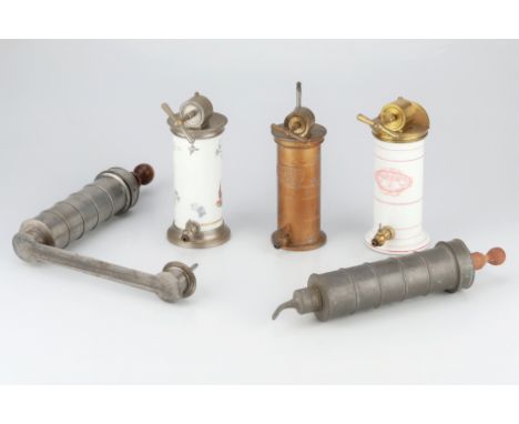 including 3 pewter enemas, one stamped 'ALLOT, POTIER D'ETAIN BORDEAUX' along with another finished in gold paint, and 2 cera