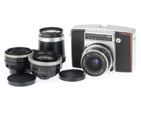 comprising a Pentina E, body F-G, usage marke, shutter works, not further tested, with 4 lenses, Meyer Lydith f/3.5 30mm, Mey