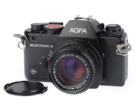 black, body VG, powers up, viewfinder LEDs work, shutter fires but only at one speed, with an Agfa f/1.4 50mm lens, K-mount, 
