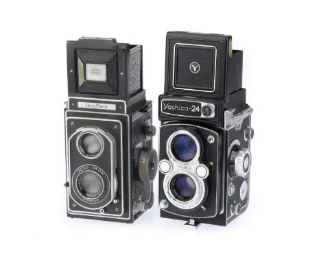 comprsing a Yashica 24, black, body G, shutter works, iris works, advance works, and a Zeiss Ikon Ikoflex, black, body F, lea