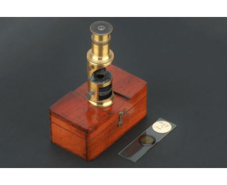 French, c.1860, unmarked, small drum microscope of typical form with original case with recess to lid to accept microscope ba