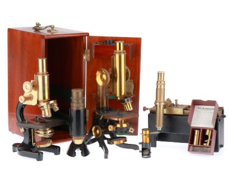 including, a brass microscope by Crouch, a Brass and black microscope by Hallbro in a polished case, a travelling microscope,