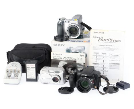 comprising a Panasonic Lumix FZ18 digital camera, black, G, powers up takes a picture, with charger and batteries, A Fuji Fin