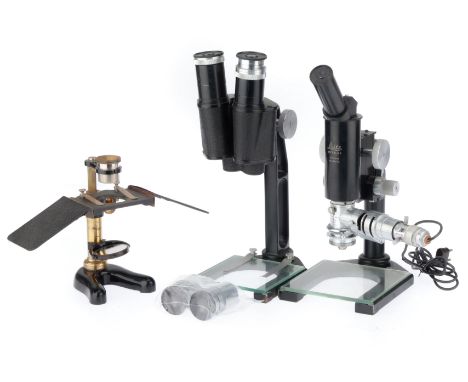 including a brass &amp; blaxk enamel dissecting microscope, a compound monocular microscope with a vertical illuminator, and 