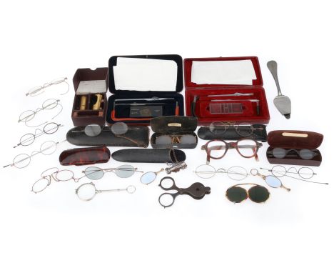 including a large collection of Glasses/Spectacles, a small microscope in a card case, a pewter Gibson Spoon marked A. CARON,