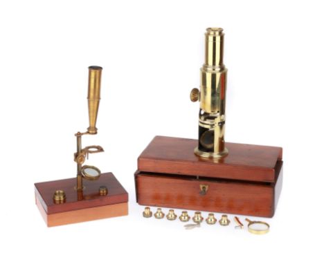 including a polished brass drum microscope, unsinged in a French polished case, with 7 objectives and stage bullseye, and a G