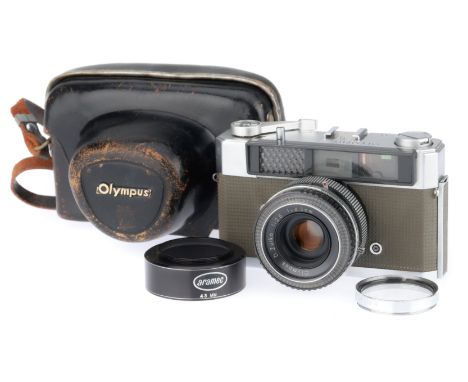 silver and olive green, body G, shutter working, with Zuiko f/2.5 43mm lens, metering appears to not work, with lens hood and