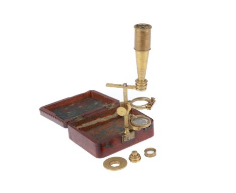 English, c.1840, engraved 'Cary London' microscope in small French polished case missing fitted interior, case 9.4cm
