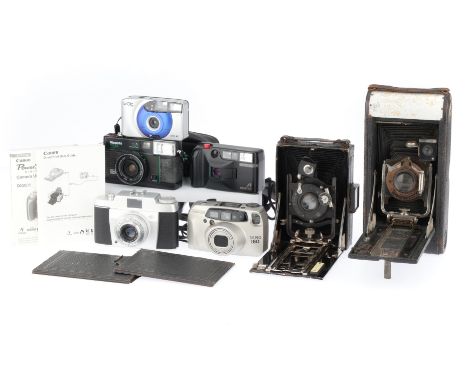 to include an Agfa Silette, a "le Clic", working, a Pentax AF, body G, not firing, a Kodak N0.3-A vest pocket camera, P-F, a 