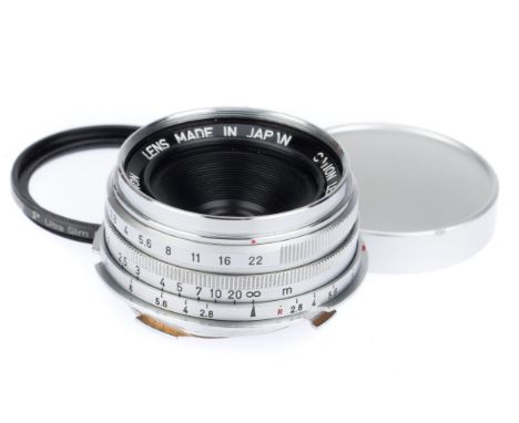 chrome, LTM with a Leitz Leica M 9cm adapter, lens hood, & UV filter, lens body G-VG, optics F-G, some internal marks present