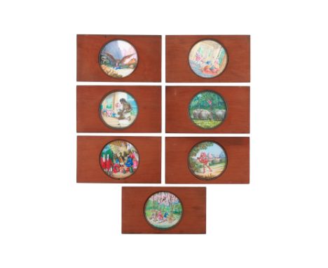 Magic Lantern Slides, 'Sinbad the Sailor' set of 7 hand painted magic lantern slides, measuring 17.5cm x 10cm