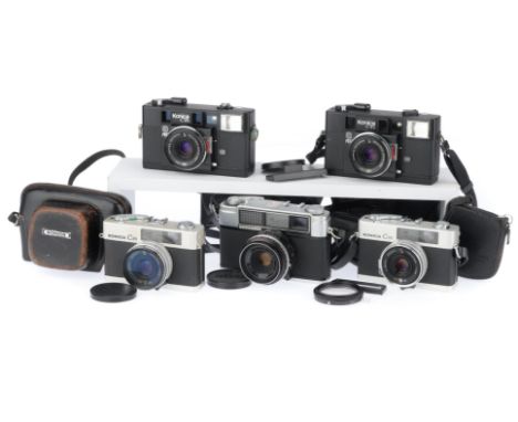 comprising 2off Konica C35 AF, bodies G, shutters fire, a Konica C35, body VG, shutter fires, a second Konica C35, body F, sh