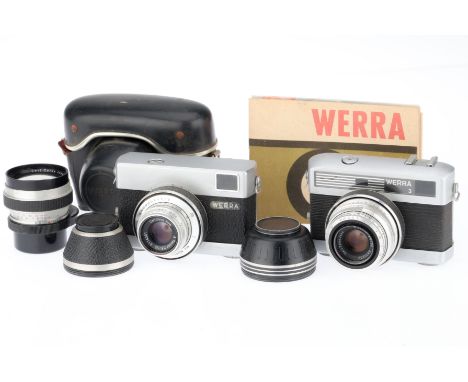 comprising a Werra 3, body F-G, shutter works, advance mechanism squeaks, with a f/2.8 50mm Tessar lens, and a Werra 1c, body