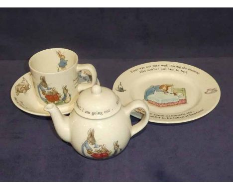 A wedgwood childrens breakfast service to include, cup, saucer, sideplate &amp; teapot. Peter Rabbit Beatrix Potter 