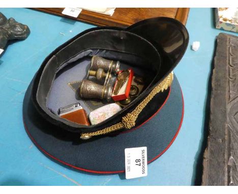 A Russian military cap, opera glasses, coin holder, penknife, lighter, LNER buttons and box 