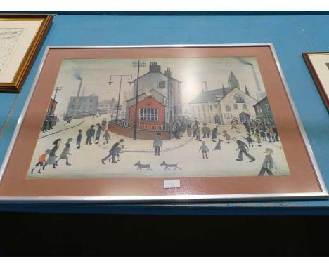 An L.S.Lowry colour print, street scene with figures and dogs
