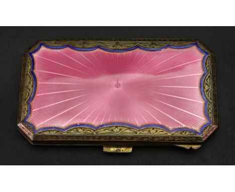 A lady's rectangular silver gilt engine turned enamelled cigarette case, English Import marks for 1925, with canted corners, 