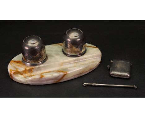 A pair of silver inkwells, Birmingham 1919, with sliding covers, on oval onyx marble base, 18cm wide, a silver swizzle stick,