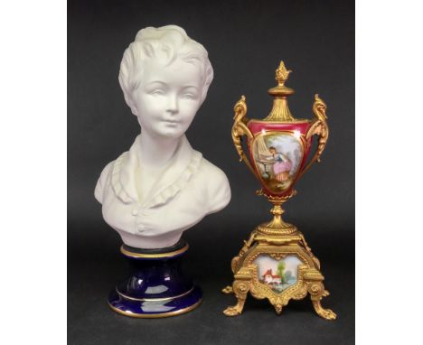 A French gilt metal mounted porcelain vase, late 19th century, probably originally part of a clock garniture, painted with pa