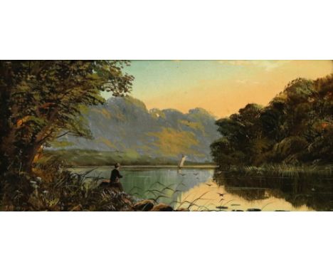 John W Morris (British, 1865-1924) A fisherman on a lake; Sheep grazing by a lake, a pair, the first signed 'J Morris' (lower