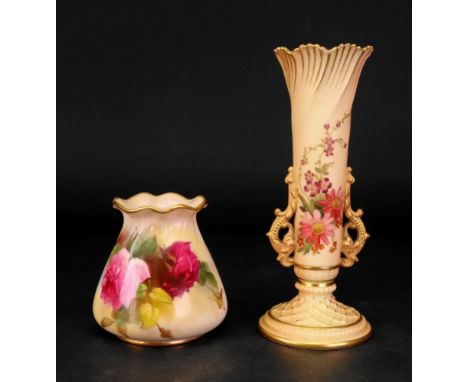 A small Royal Worcester vase, circa 1923, the squat body painted with roses beneath an undulating rim, green painted mark, 8.