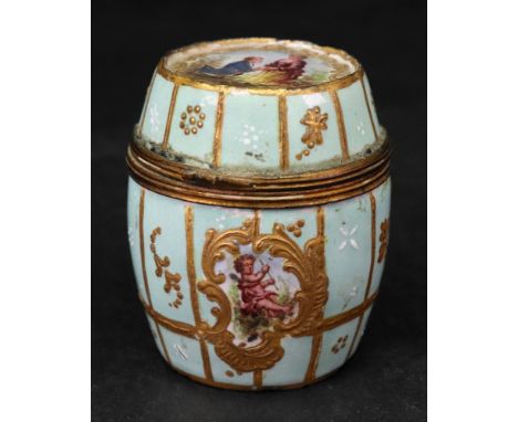A small enamel barrel-shaped green ground box and cover, probably Staffordshire, late 18th century, painted with a panel of a