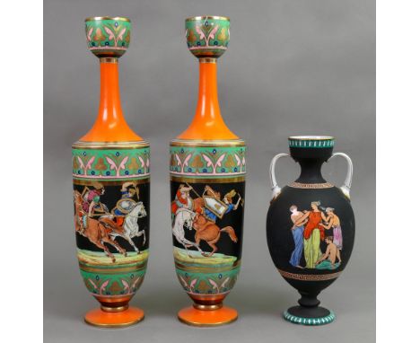 A pair of English earthenware vases, mid 19th century, possibly Samuel Alcock, printed and coloured with a central band of tw