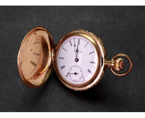 America, Philadelphia, USA; a gold plated hunter pocket watch, the white enamel dial with Roman numerals and subsidiary dial,
