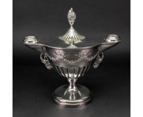 An electroplate classical vase shape table cigar lamp, Mappin & Webb, with flambeau finial, the bat fluted sides below a frie