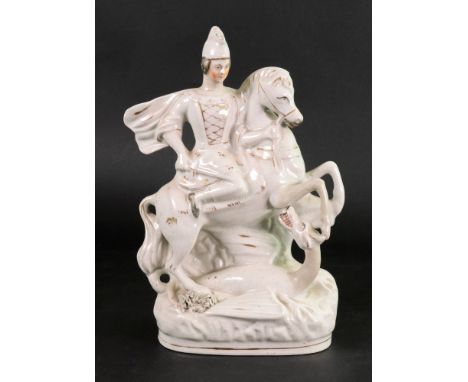 A Victorian Staffordshire figure of St. George and the dragon, 28.5cm high, another, modelled as a lion and unicorn flanking 