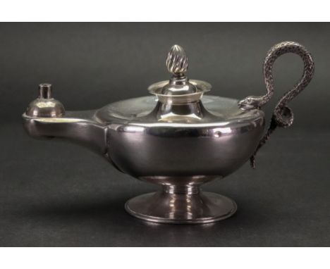 A silver 'Aladdins' lamp cigar lamp, Samuel Wattton Smith, Birmingham 1926, with cast snake handle, 14cm wide, 4.3ozs.