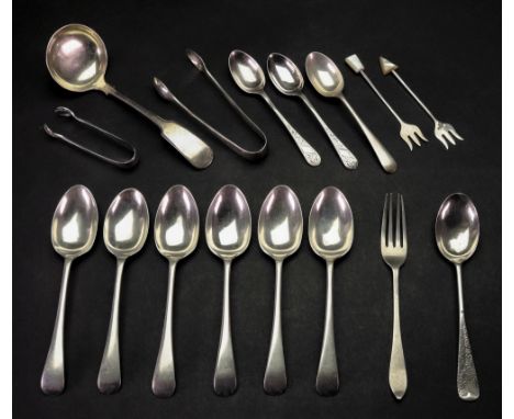A set of six Victorian Old English pattern silver teaspoons, James Deakin & Sons, Sheffield 1898, a fiddle pattern silver sau