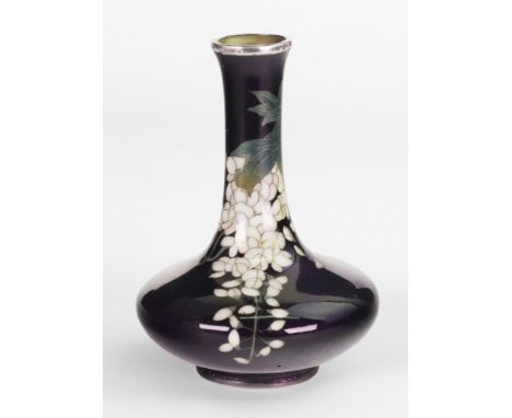 A miniature Japanese silver mounted ginbari enamel vase, Meiji/Taisho period, worked with branches of wisteria against a purp