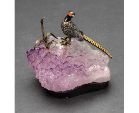 An enamelled figure of a pheasant, standing on an amethyst geode base of shaped outline, limited edition 10/200, 9cm wide x 7