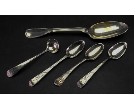 A pair of George III silver bright cut engraved teaspoons, Duncan Urquhart & Naphtali Hart, London 1792, monogrammed, a mid 1