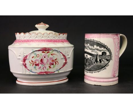 A Sunderland lustre frog mug, late 18th century, transfer printed with a west view of the cast iron bridge over the River Wea