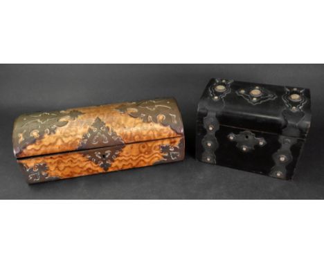 A Victorian pollard oak domed top glove box, with applied gilt metal strapwork mounts, silk satin lined, 27cm wide x 11cm dee