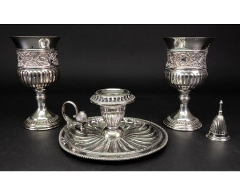 A pair of Victorian electrotype goblets, in 17th century style, with lobed and fluted sides below an upper frieze of birds, f