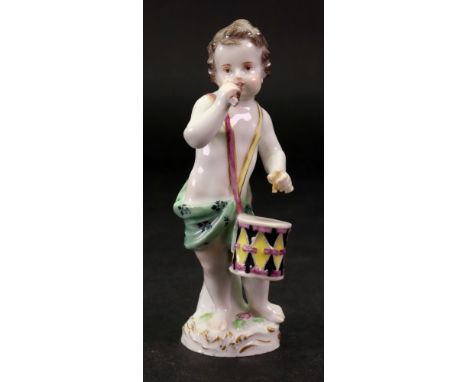 A Meissen figure of a boy drummer, 20th century, modelled standing with pipe and drum on a scroll moulded base, blue crossed 