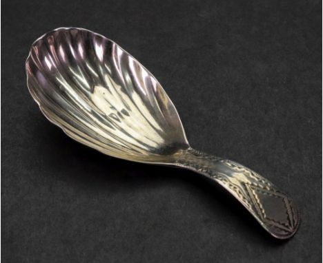 A George III silver bright cut engraved caddy spoon, George Smith & Thomas Hayter, London 1794, with wriggle-work borders, va