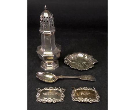 A George I style octagonal silver castor, Birmingham 1961, makers mark R & D, 16.5cm high, a small leaf shape silver dish, in