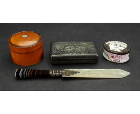 A Victorian banded agate handled mother of pearl paper knife, with shaped foliate mount, 17cm long, a boxwood turned cylindri