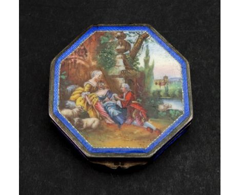 An octagonal engine turned silver and enamelled box, English Import marks for 1930, the hinged cover enamelled with a Watteau