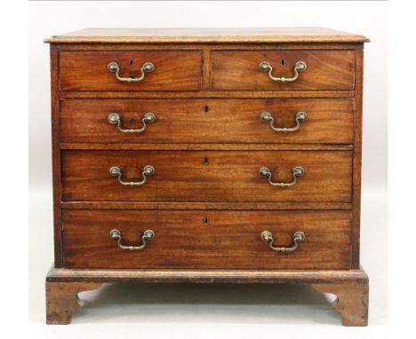 A George III mahogany chest, the moulded rectangular top above two short and three long ebony banded drawers, on later bracke