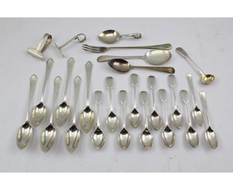 MAPPIN & WEBB A SET OF SIX SILVER ART DECO GRAPEFRUIT SPOONS, Sheffield 1933, together with a silver PICKLE FORK, and a colle