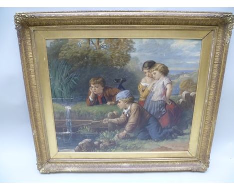 A COLOURED REPROGRAPHIC of an idyllic Victorian childhood scene, depicting playing by the riverside, printed on textured boar