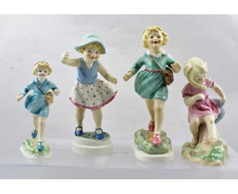FOUR ROYAL WORCESTER BONE CHINA FIGURINES modelled by F.G. Doughty, "March" No.3454,16cm, "Thursday's Child" No.3522, 19cm, "