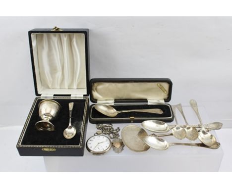 A MID 20TH CENTURY SILVER EGG CUP AND SPOON, cased, Birmingham 1954, together with various silver SPOONS, a white metal cased