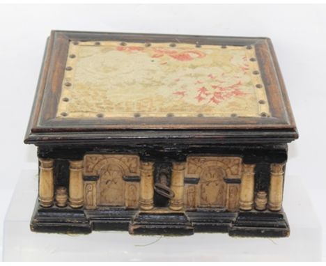 A FLEMISH PART 17TH CENTURY, PROBABLY MALINES, EBONISED WOOD AND CARVED ALABASTER TABLE CASKET, having hinged sloping lid, in